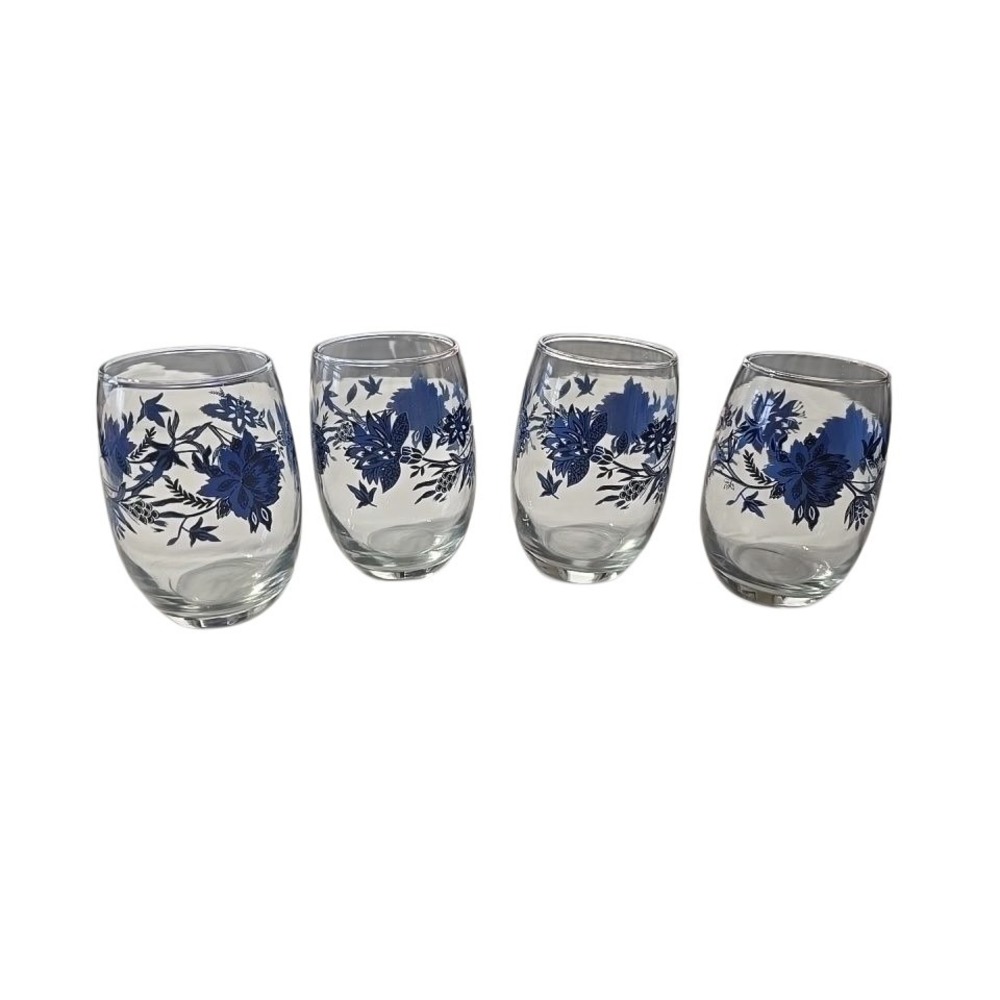 Royal Norfolk Blue‎ Floral Cristal Mikonos Stemless Wine Glasses Set Of 4